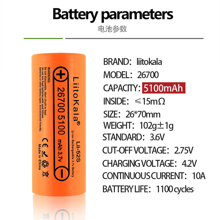 8PCS Lii-52S 3.7V 26700 5100mAh Rechargeable Battery